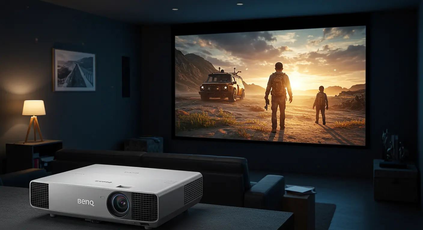 BenQ HT2550プロジェクターが4K映画をリビングに投影し、豊かな色彩と高精細な映像でホームシアター体験を向上させる様子